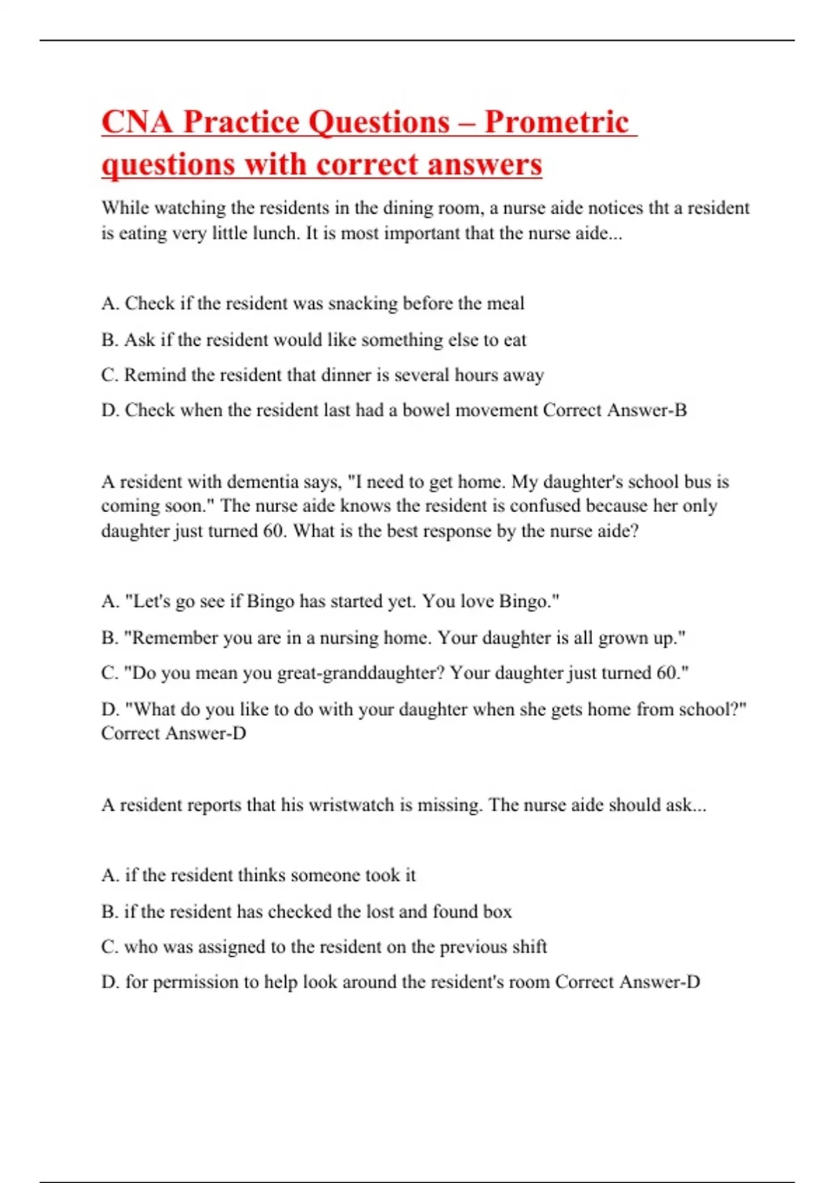 CNA Practice Questions – Prometric questions with correct answers|100% ...