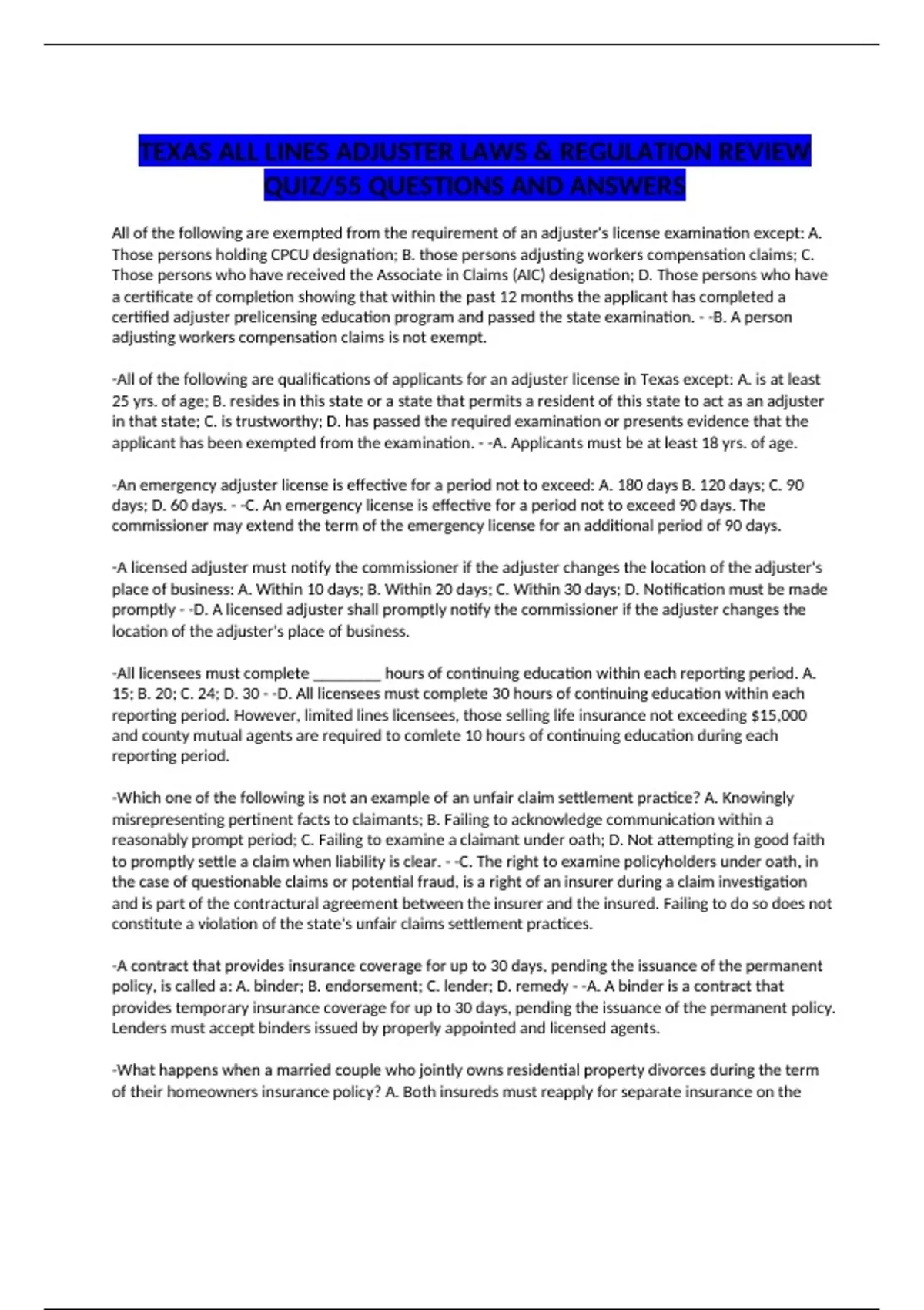 TEXAS ALL LINES ADJUSTER LAWS & REGULATION REVIEW QUIZ/55 QUESTIONS AND