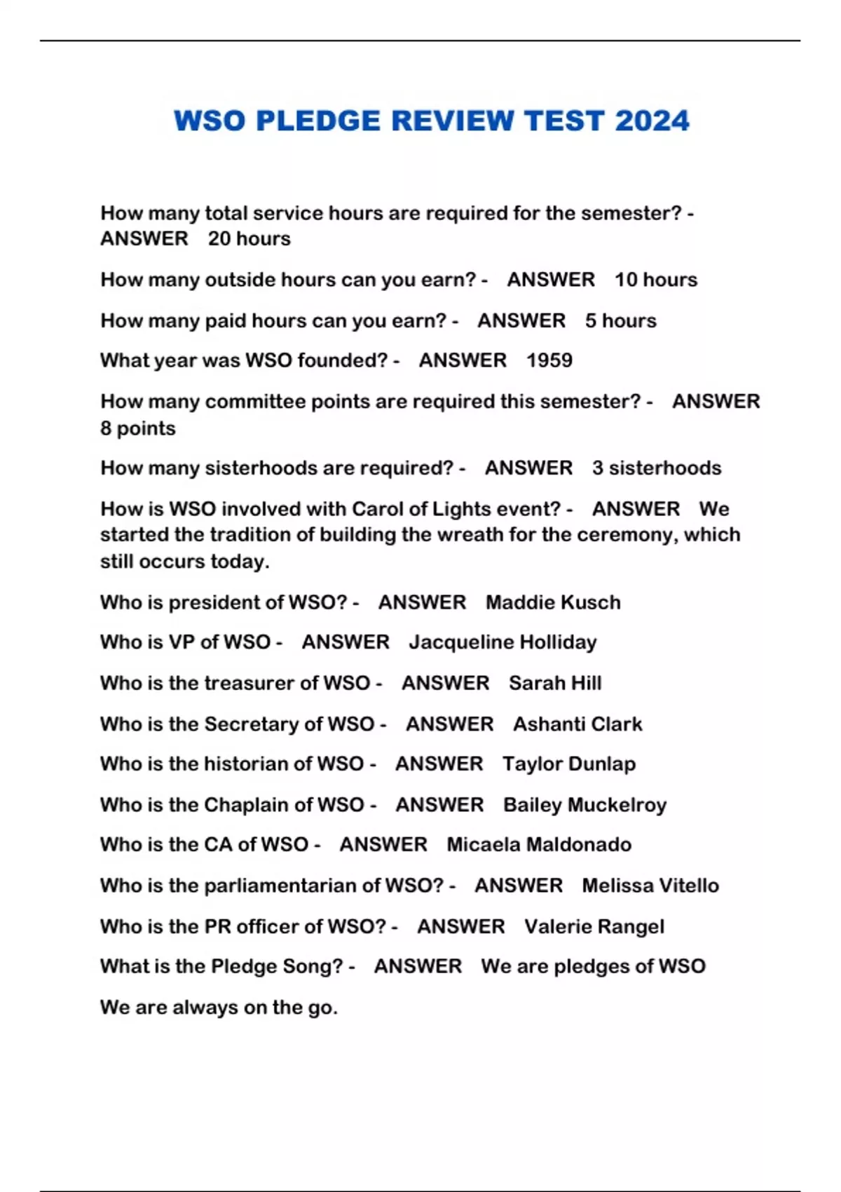 WSO PLEDGE REVIEW TEST 2024 - WSO PLEDGE - Stuvia US