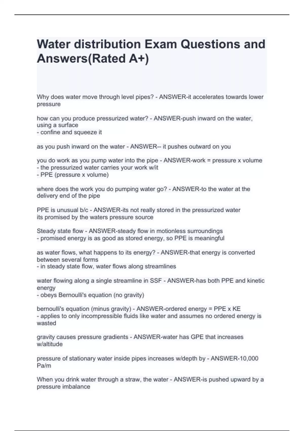 Water distribution Exam Questions and Answers(Rated A+) Water