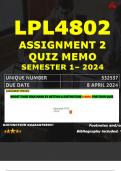 LPL4802 ASSIGNMENT 2 QUIZ MEMO - SEMESTER 1 - 2024 - UNISA - DUE : 8 APRIL 2024 (INCLUDES EXTRA MCQ BOOKLET WITH ANSWERS - DISTINCTION GUARANTEED)