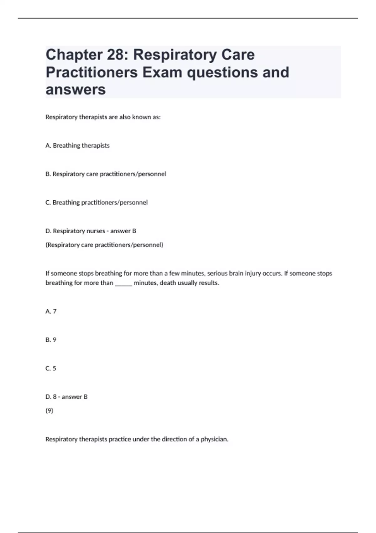 Chapter 28: Respiratory Care Practitioners Exam questions and answers ...