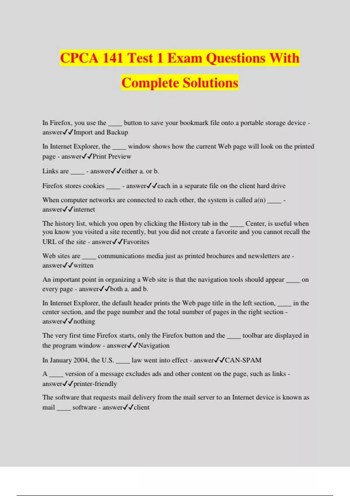 CPCA 141 Test 1 Exam Questions With Complete Solutions - CPCA - Stuvia US