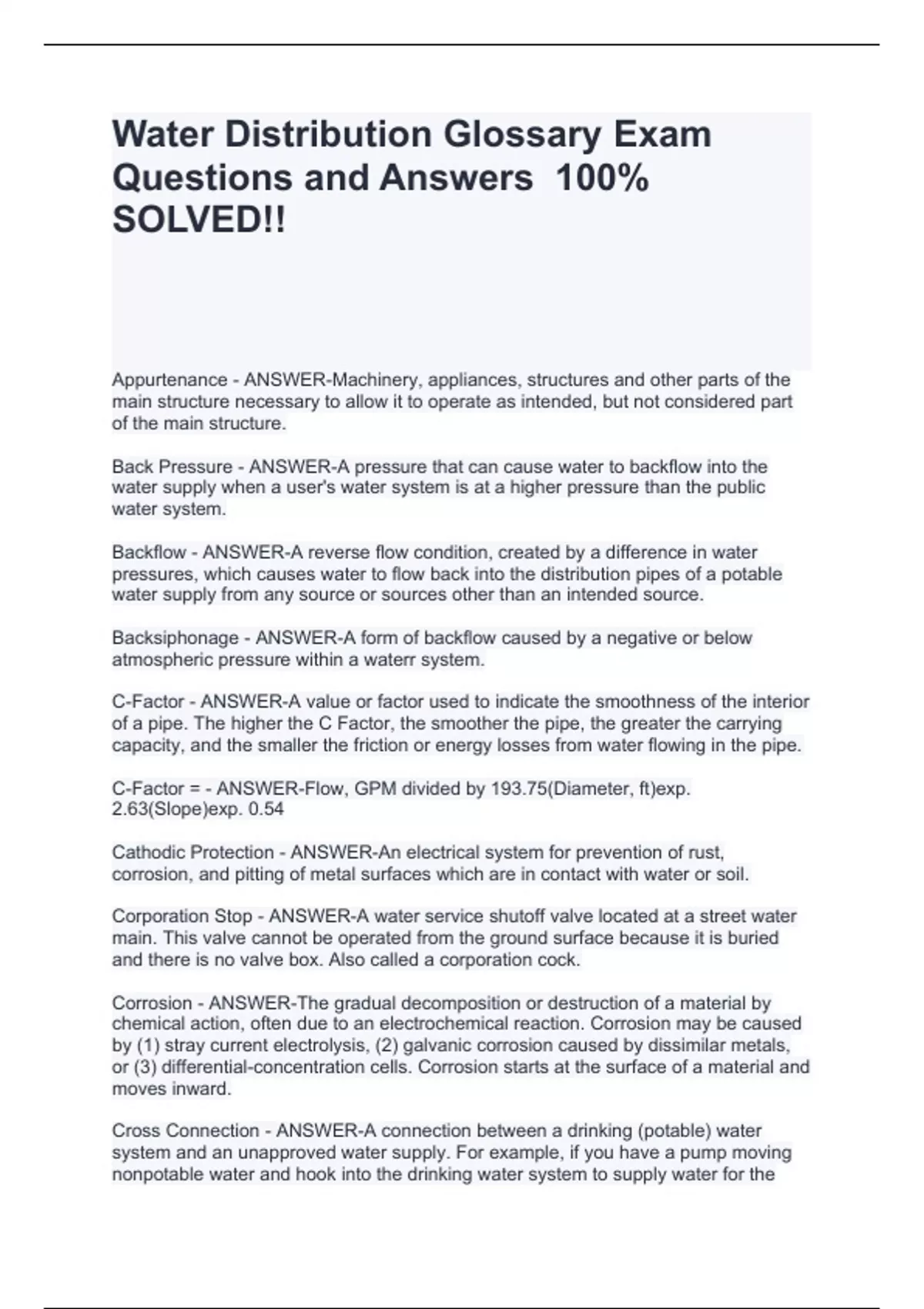 Water Distribution Glossary Exam Questions and Answers 100 SOLVED