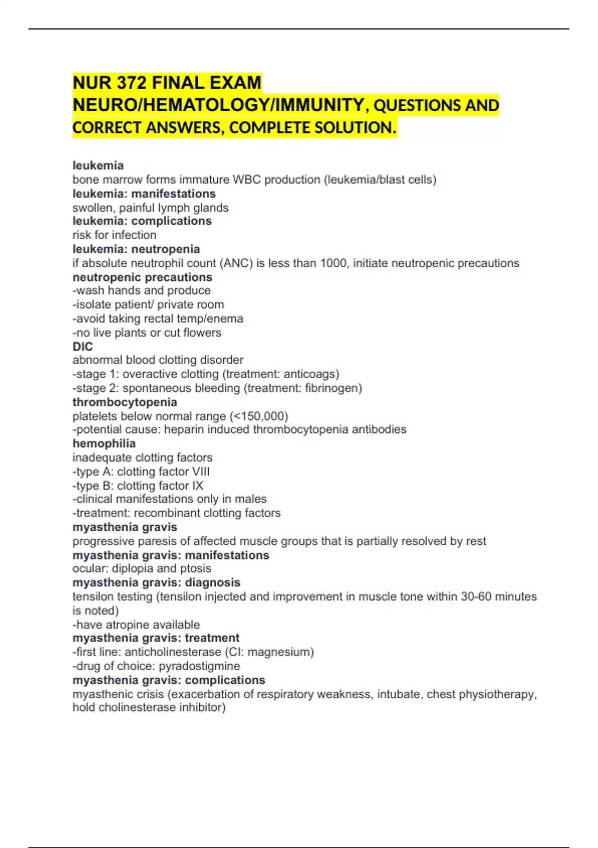 NUR 372 FINAL EXAM NEURO/HEMATOLOGY/IMMUNITY, QUESTIONS AND CORRECT ...