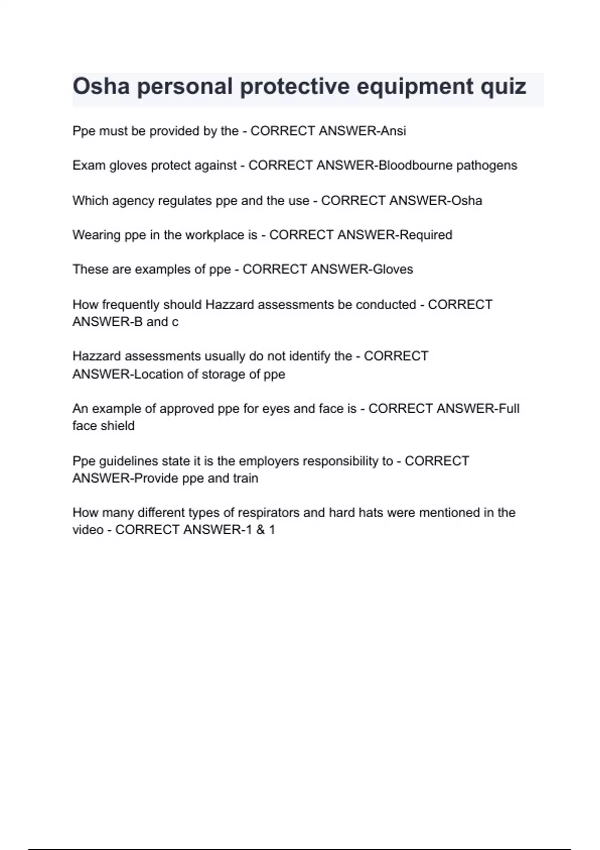 Osha personal protective equipment quiz questions and answers latest 2024 Osha personal