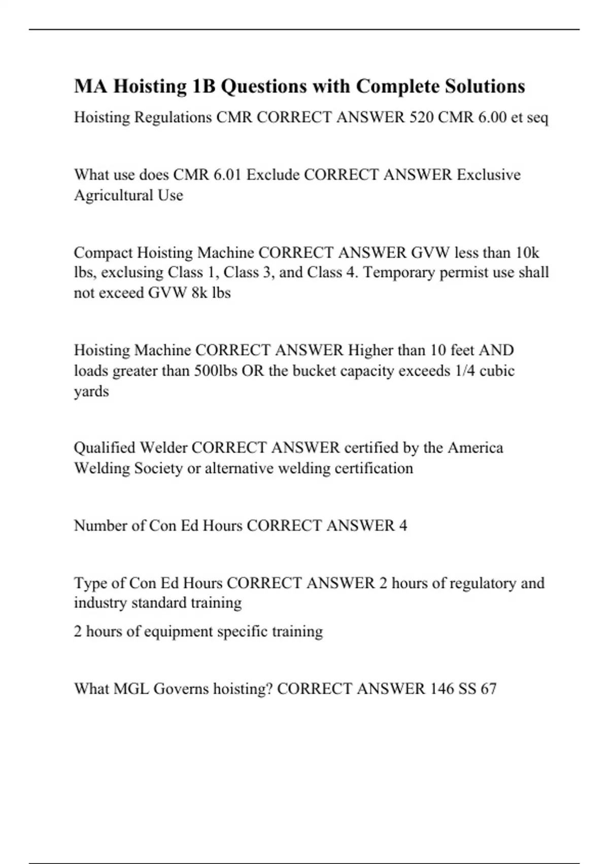 MA Hoisting 1B Questions with Complete Solutions Hoisting License