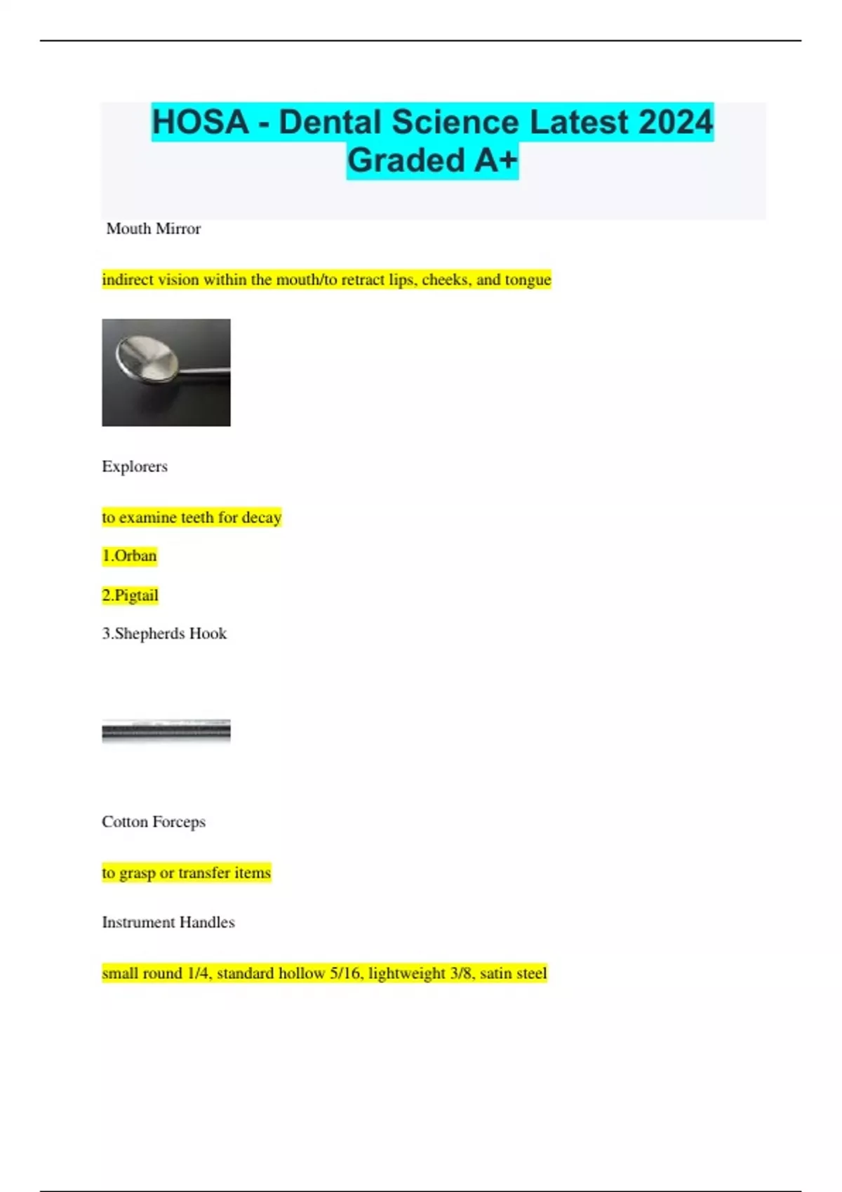HOSA Dental Science Latest 2024 Graded A+ HOSA Dental Science