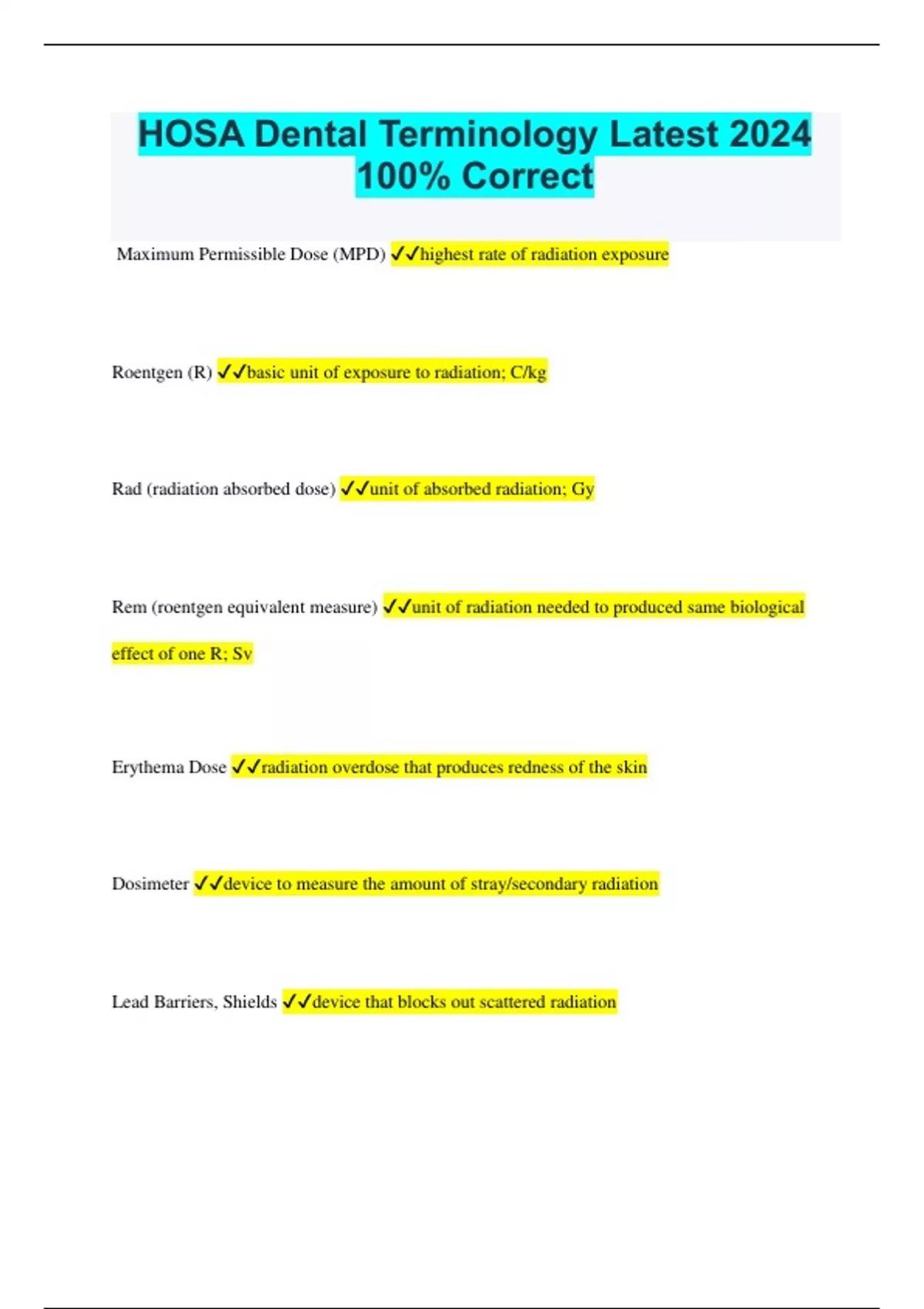 HOSA Dental Terminology Latest 2024 100 Correct HOSA Dental