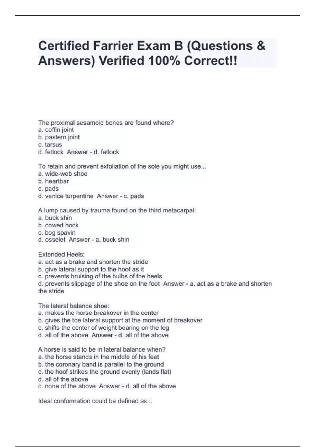 Certified Farrier Exam B (Questions & Answers) Verified 100 Correct