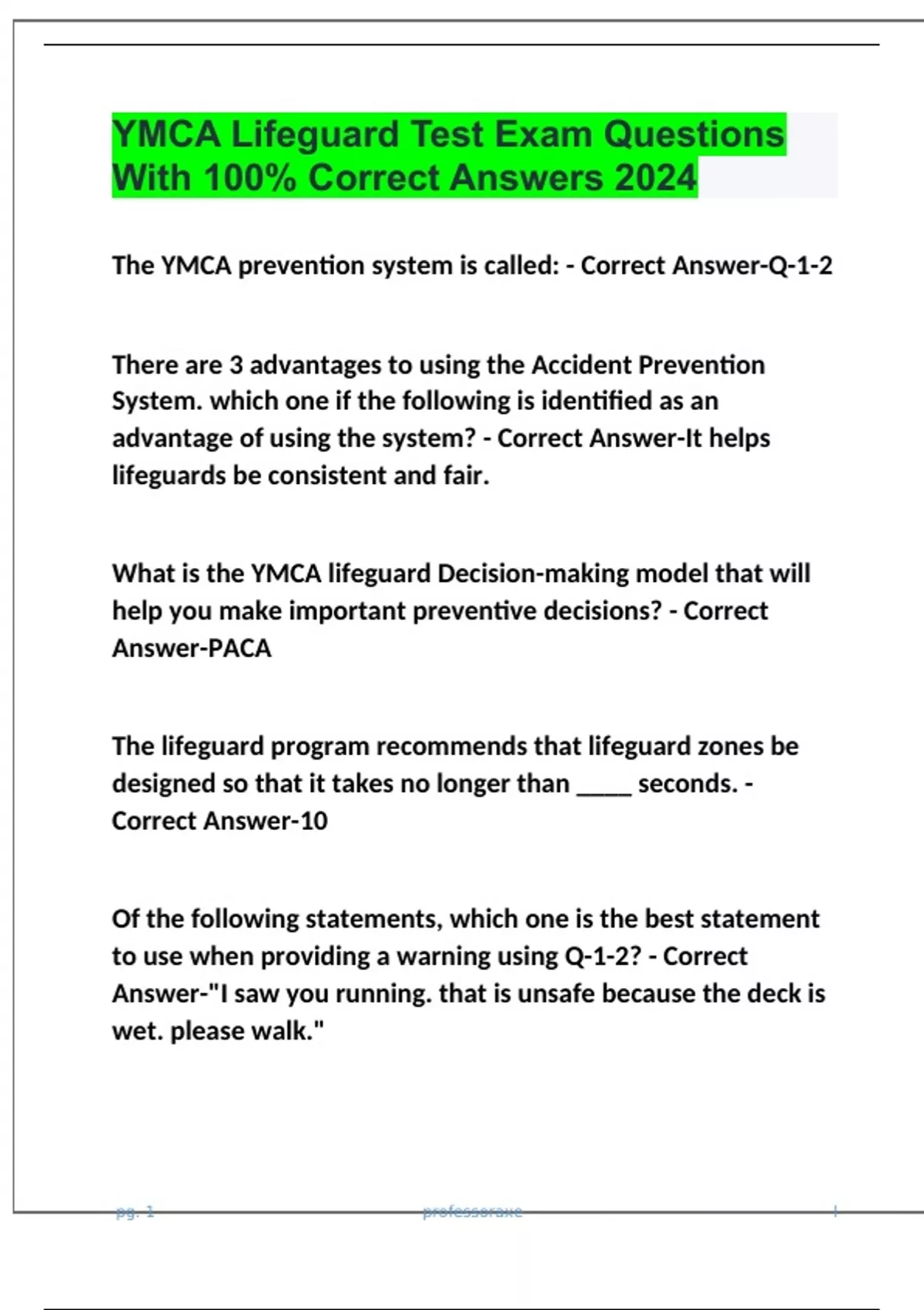 YMCA Lifeguard Test Exam Questions With 100 Correct Answers 2024 YMCA Lifeguard Stuvia US