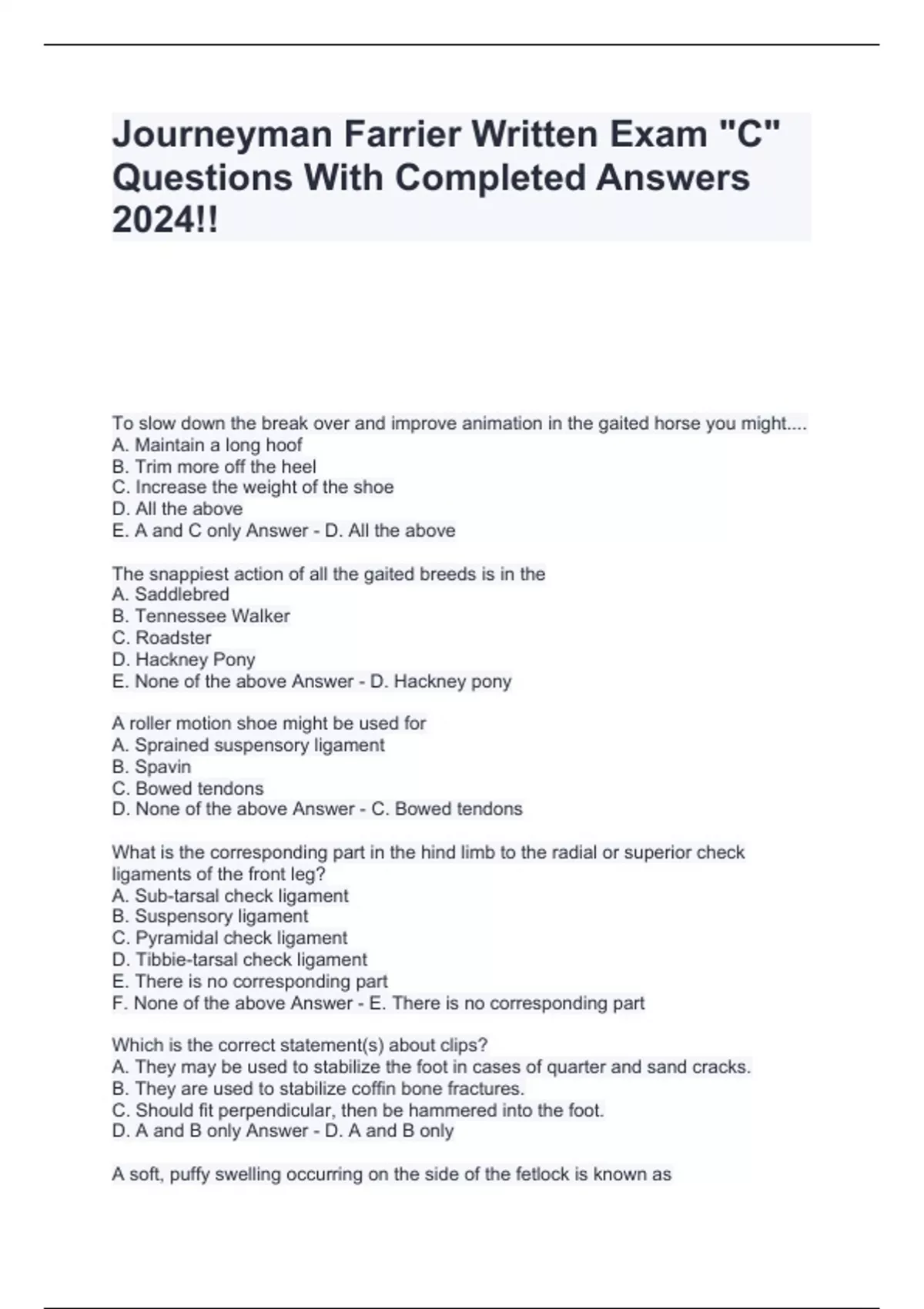 Journeyman Farrier Written Exam "C" Questions With Completed Answers