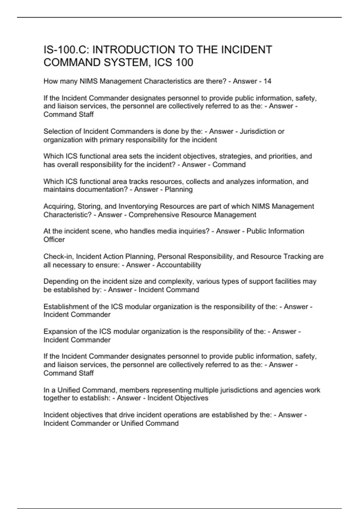 IS100.C INTRODUCTION TO THE INCIDENT COMMAND SYSTEM, ICS 100 IS100