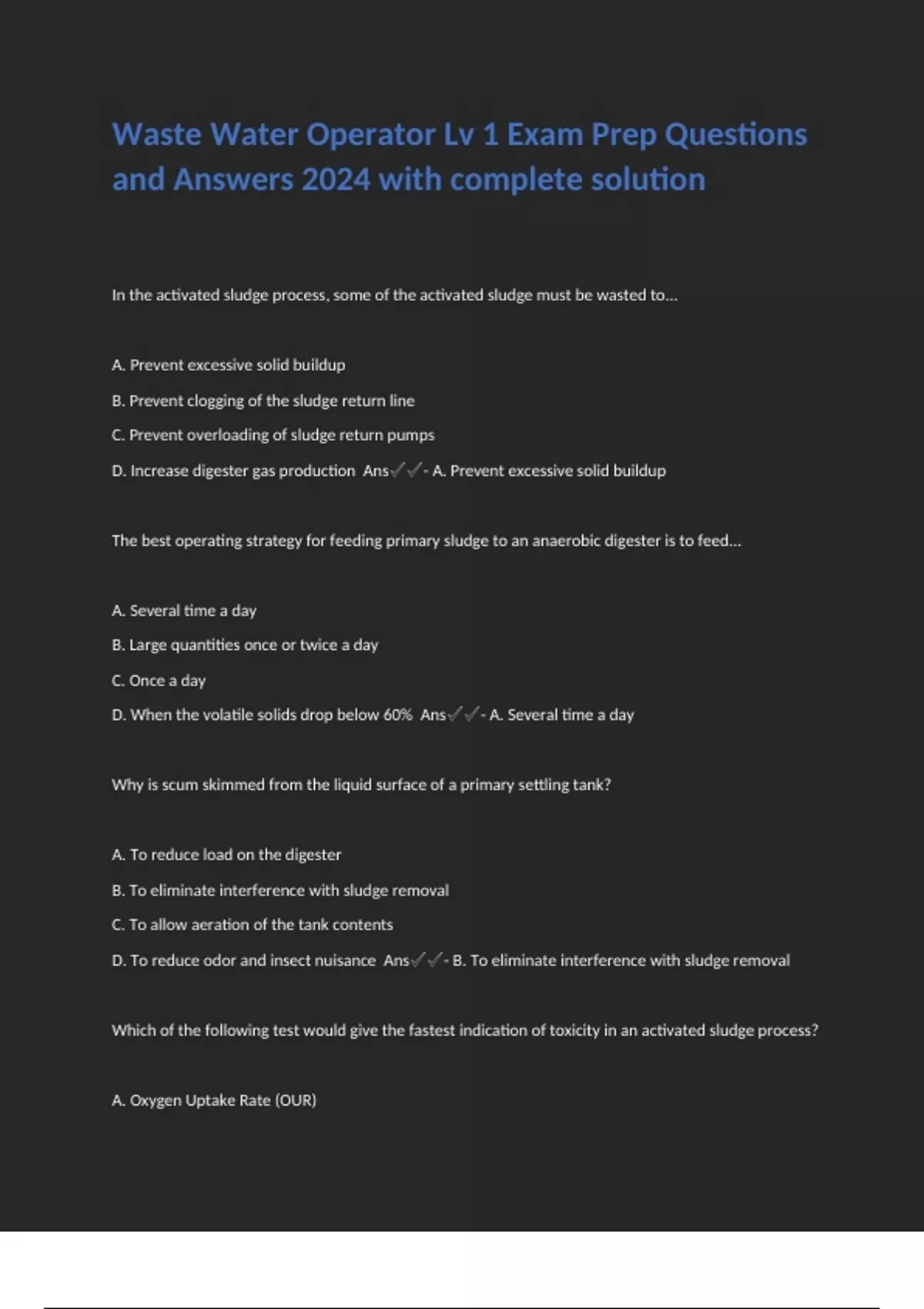 Waste Water Operator Lv 1 Exam Prep Questions and Answers 2024 with