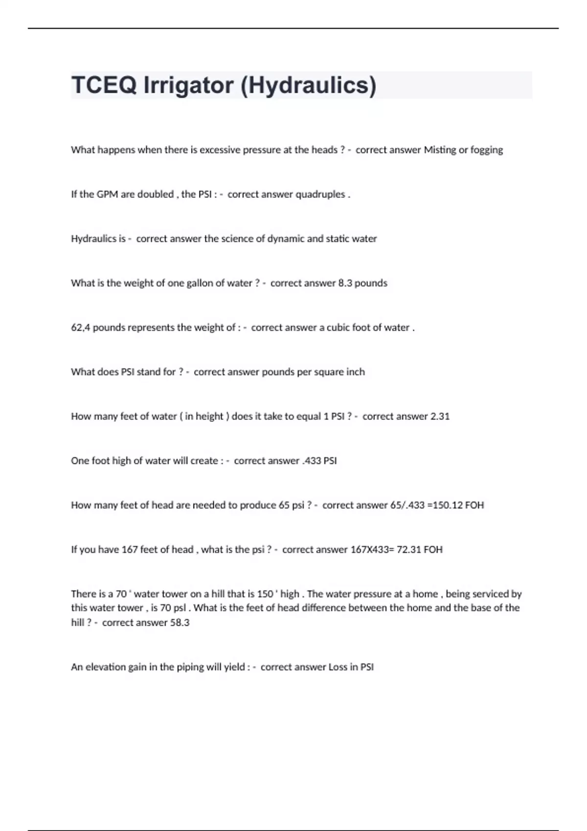 TCEQ Irrigator (Hydraulics) Question and answers rated A+ 2024 Tceq