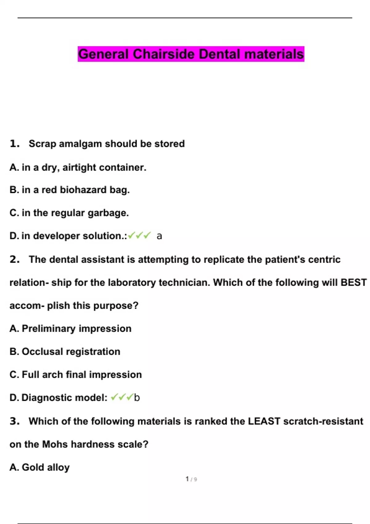 General Chairside Dental Materials Questions with Complete Solutions