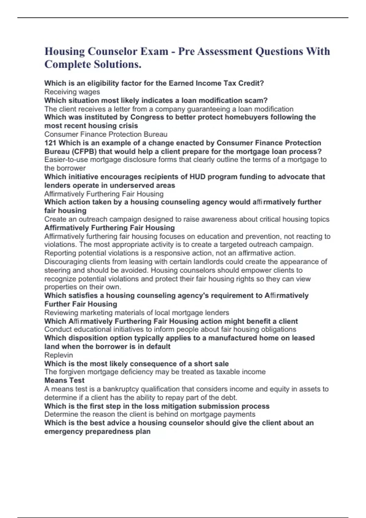 Housing Counselor Exam Pre Assessment Questions With Complete