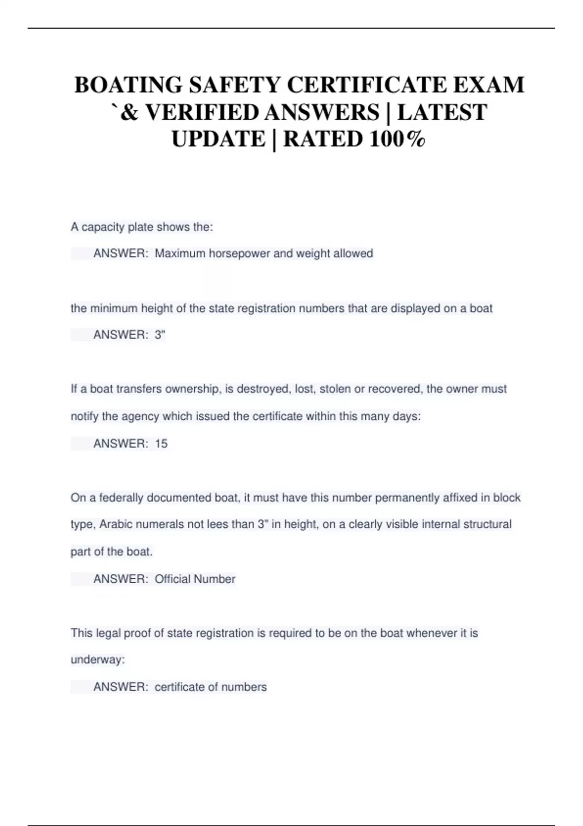 BOATING SAFETY CERTIFICATE EXAM `& VERIFIED ANSWERS LATEST UPDATE