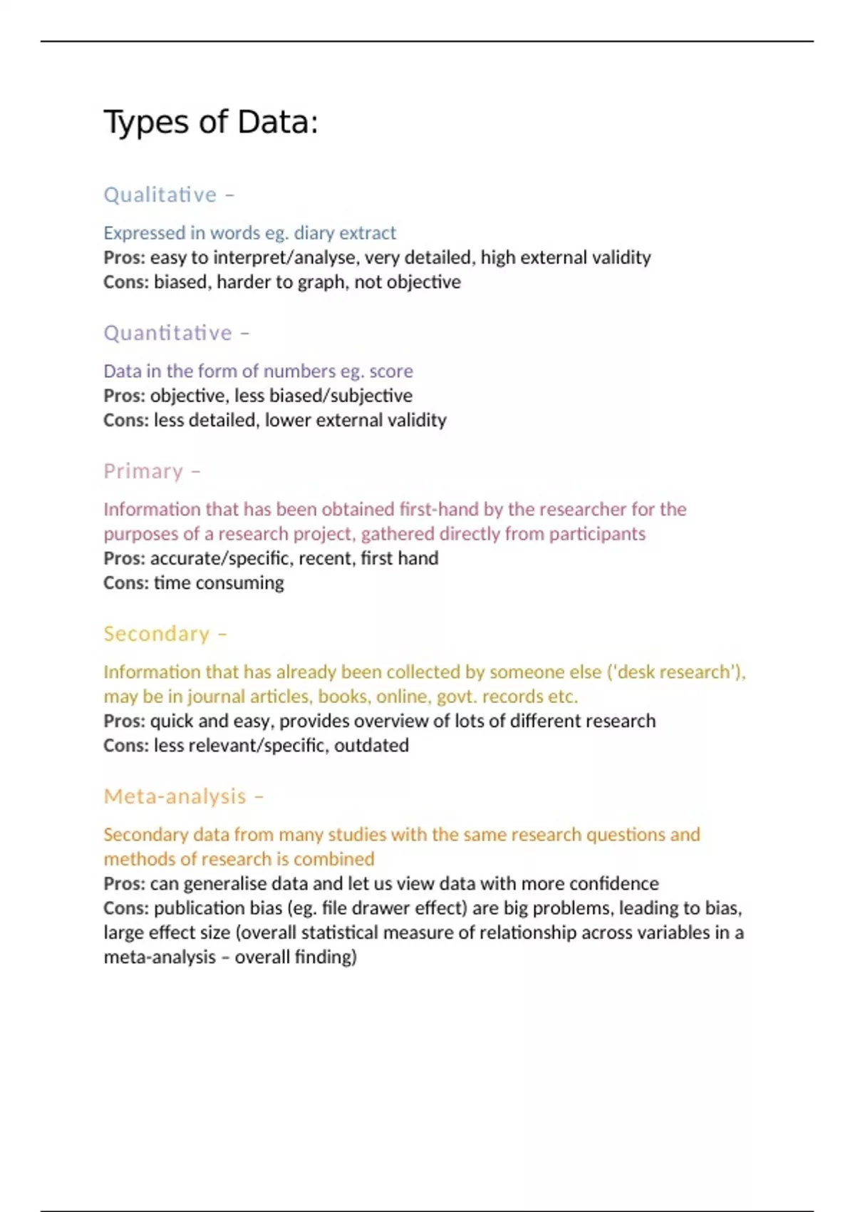 Summary AQA A Level Research Methods Revision Notes - Types of Data ...