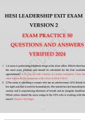 HESI RN Leadership / Management Test Bank Leadership HESI LEADERSHIP EXIT EXAM VERSION 50 QUESTIONS AND ANSWERS 2024. 2024 updated and verified. 