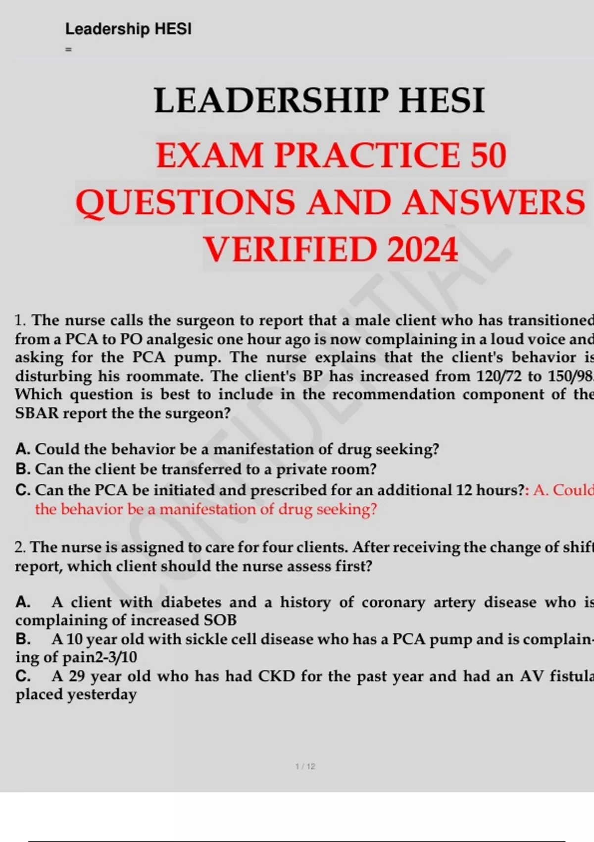 HESI RN Leadership / Management Test Bank Leadership HESI LEADERSHIP ...