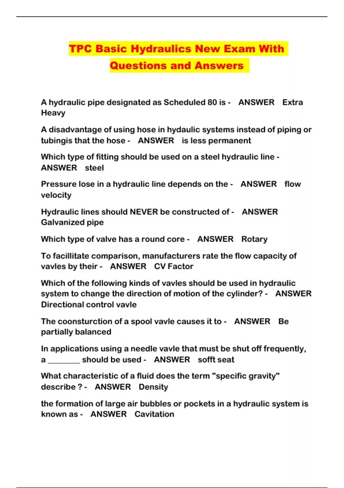 TPC Basic Hydraulics New Exam With Questions and Answers TPC Basic