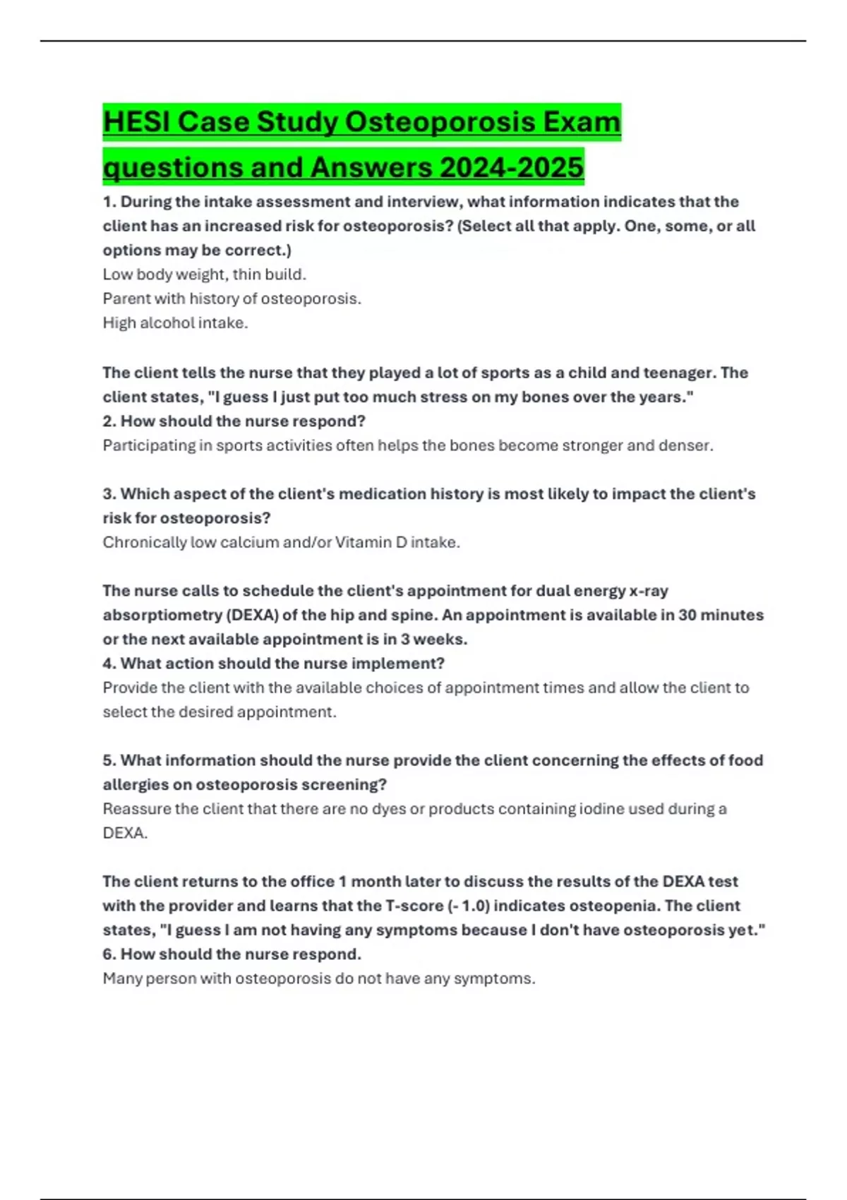 HESI Case Study Osteoporosis Exam questions and Answers 2024/2025