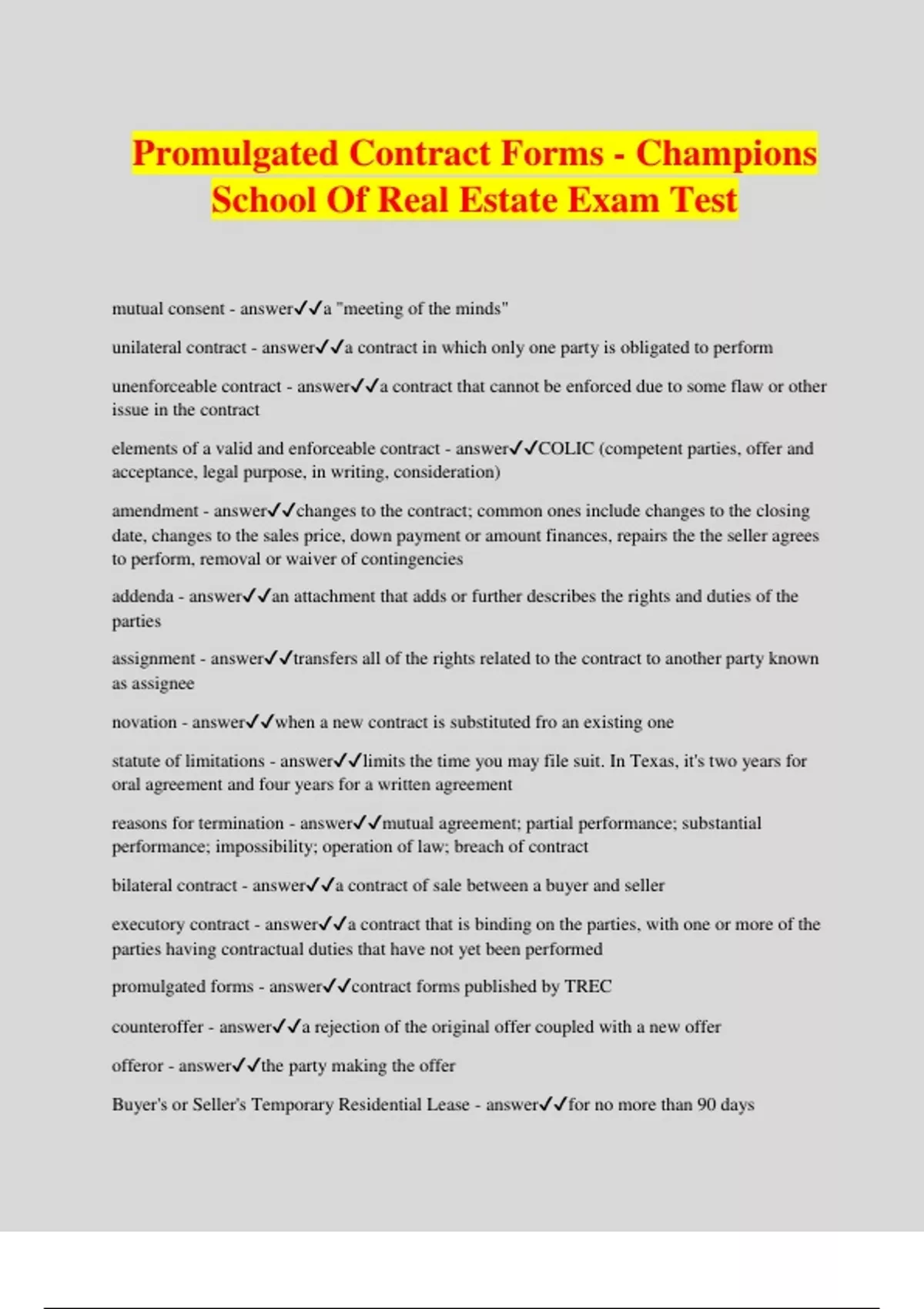 Promulgated Contract Forms Champions School Of Real Estate Exam Test