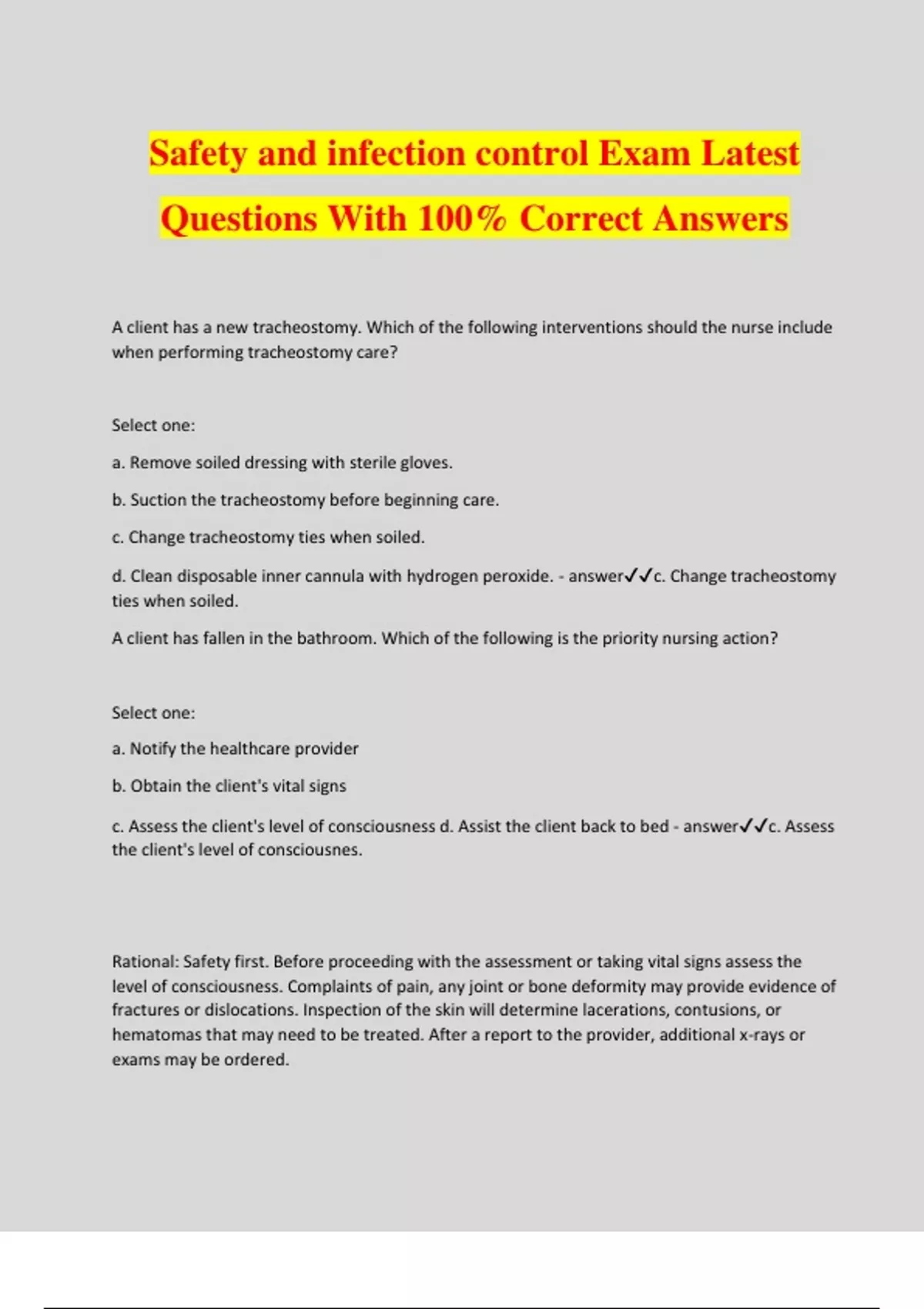 Safety and infection control Exam Latest Questions With 100 Correct