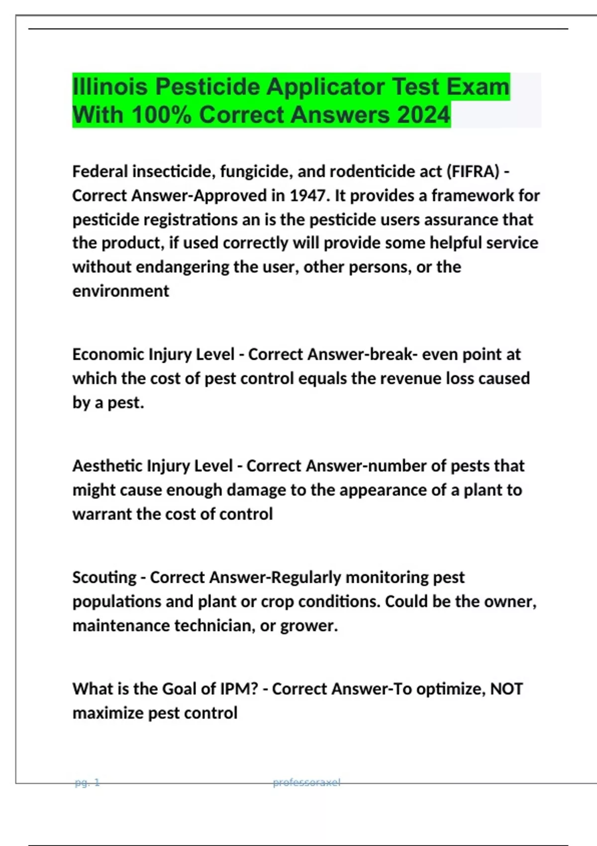 Illinois Pesticide Applicator Test Exam With 100 Correct Answers 2024