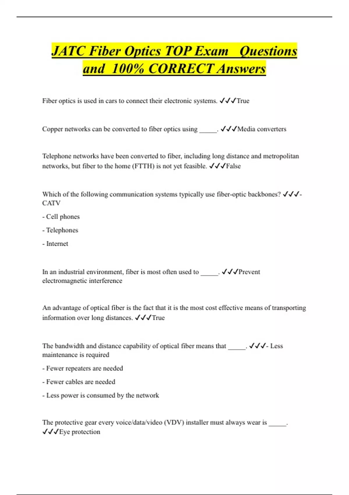 JATC Fiber Optics TOP Exam Questions and 100 CORRECT Answers JATC