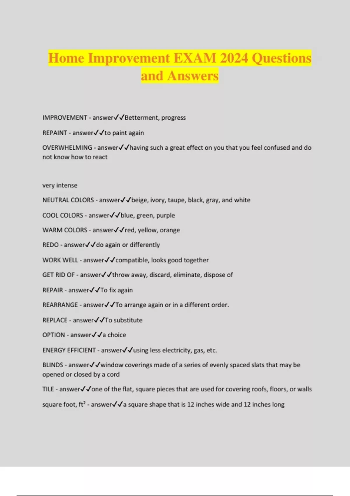 Home Improvement EXAM 2024 Questions and Answers - Home Improvement ...