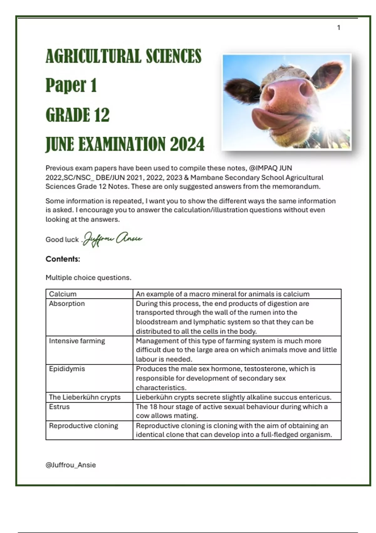 Summary Agricultural Sciences Paper 1 June Examination 2024