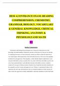 HESI A2 ENTRANCE EXAM;READING,COMPREHENSION,CHEMISTRY,GRAMMAR,BIOLOGY,VOCABULARY & GENERAL KNOWLEDGE,CRITICAL THINKING,ANATOMY & PHYSIOLOGY AND MATH V2K