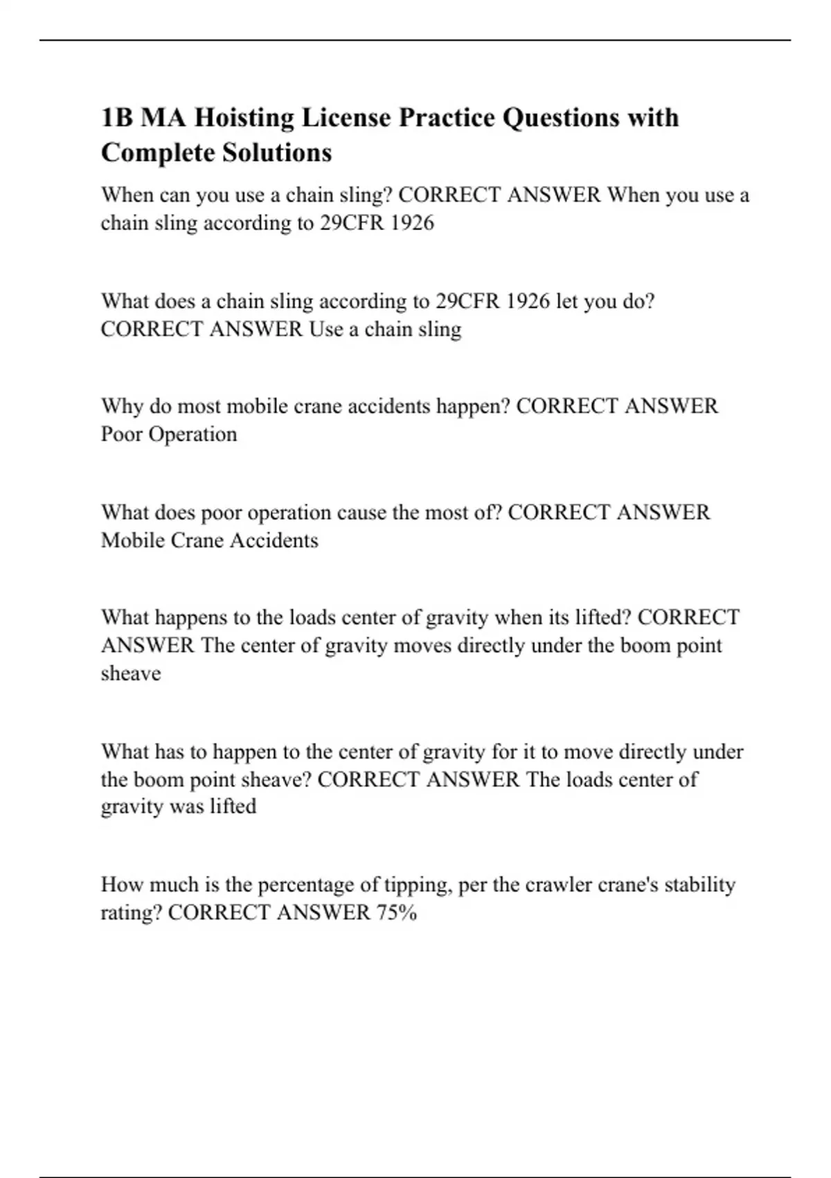 1B MA Hoisting License Practice Questions with Complete Solutions