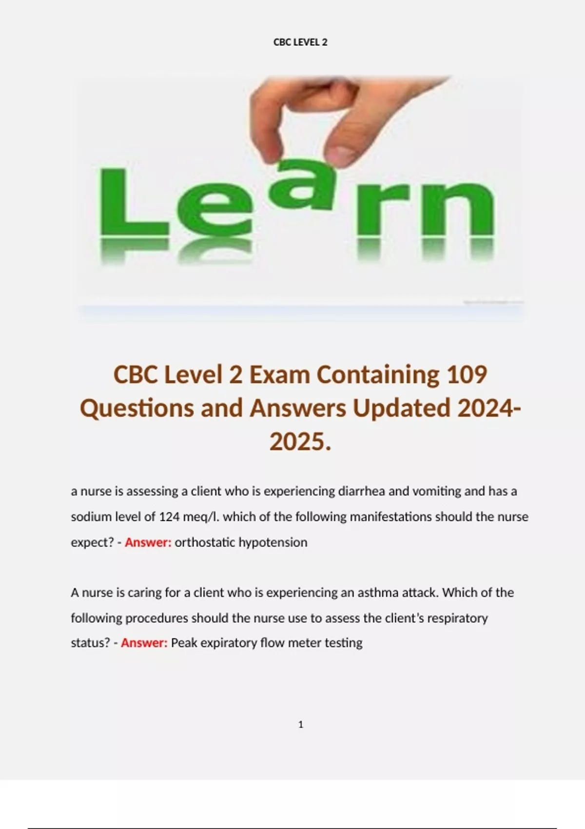 CBC Level 2 Exam Containing 109 Questions and Answers Updated . - CBC ...