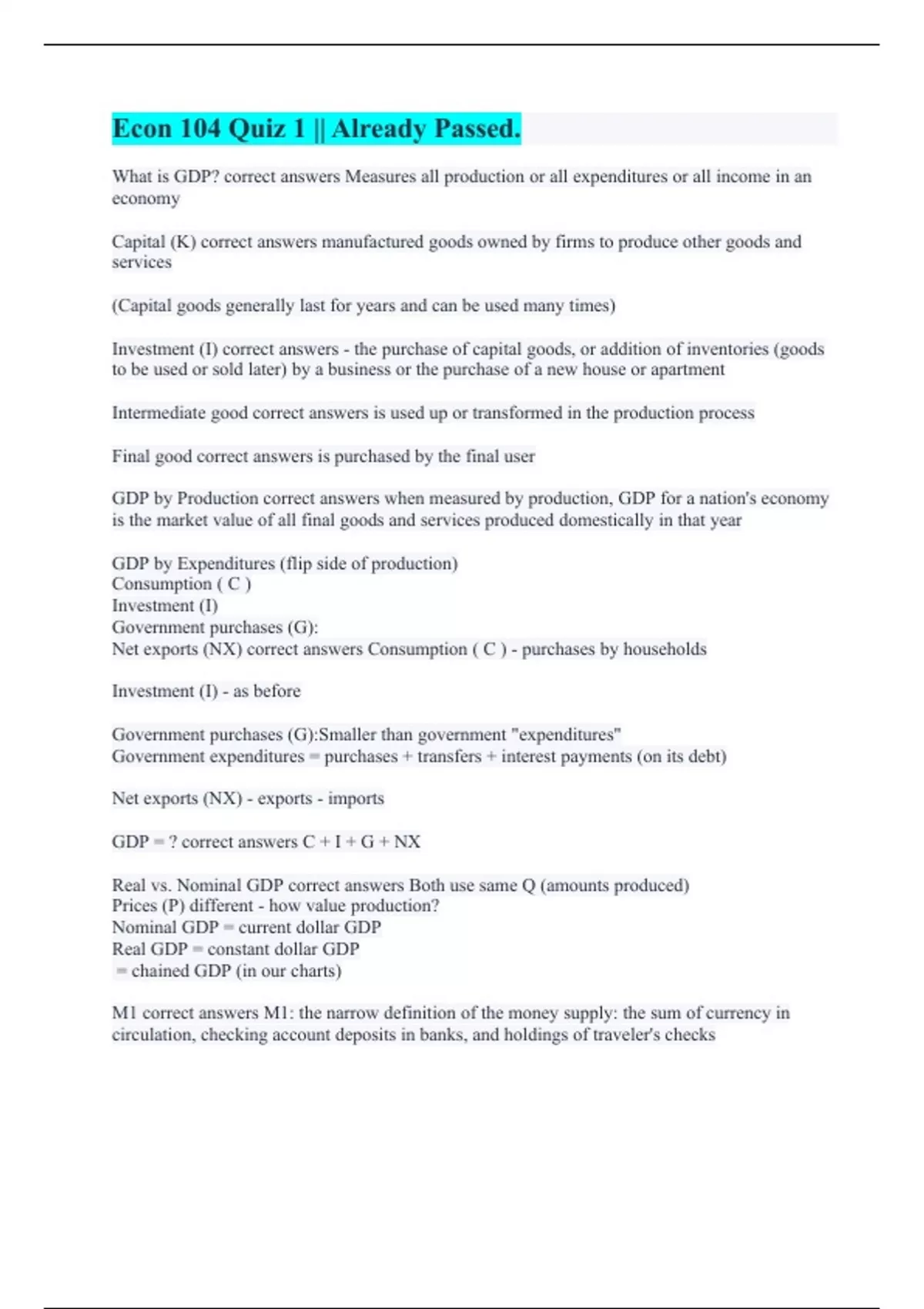 Econ 104 Quiz 1 || Already Passed. - Econ 104 - Stuvia US