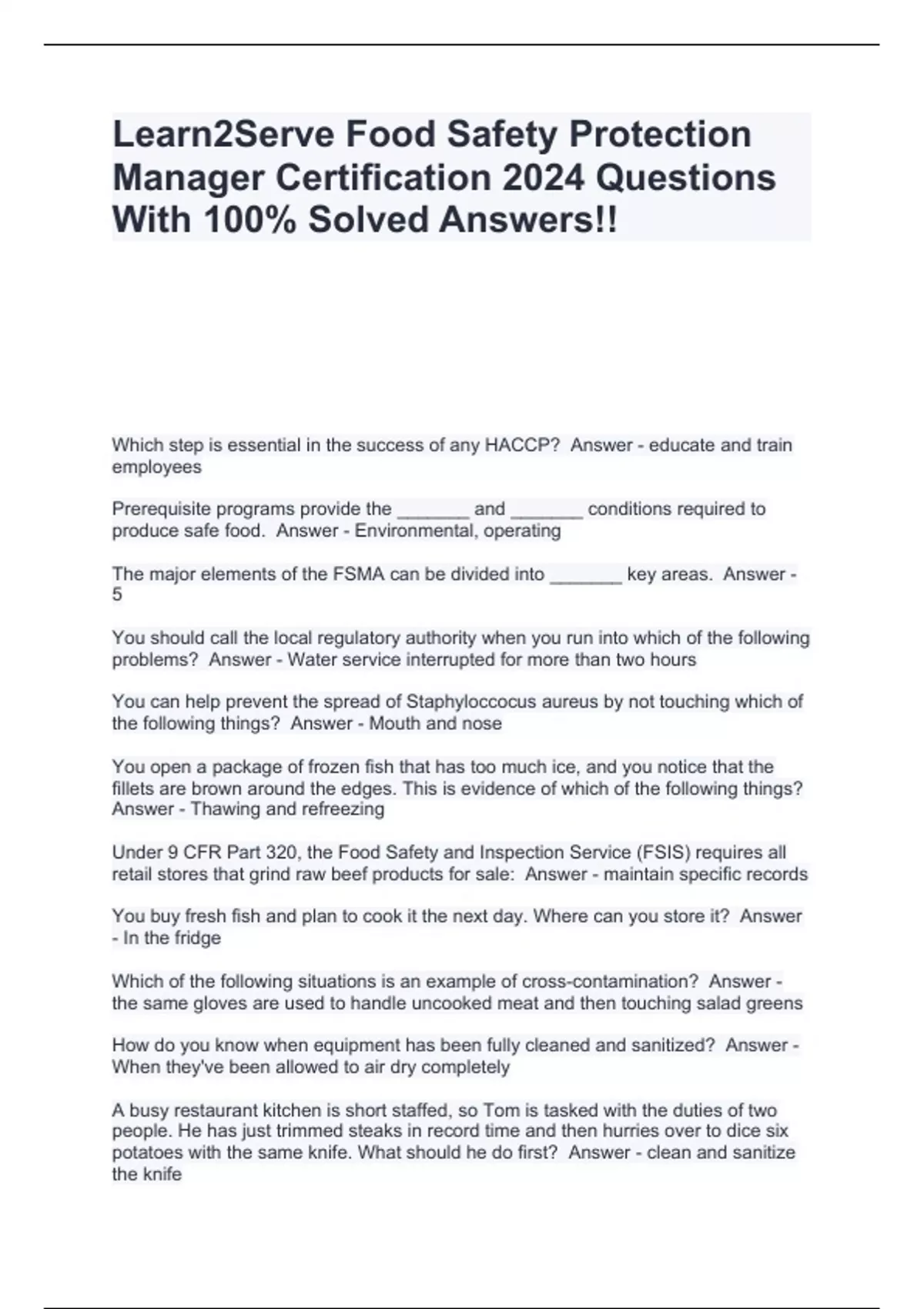 Learn2Serve Food Safety Protection Manager Certification 2024 Questions