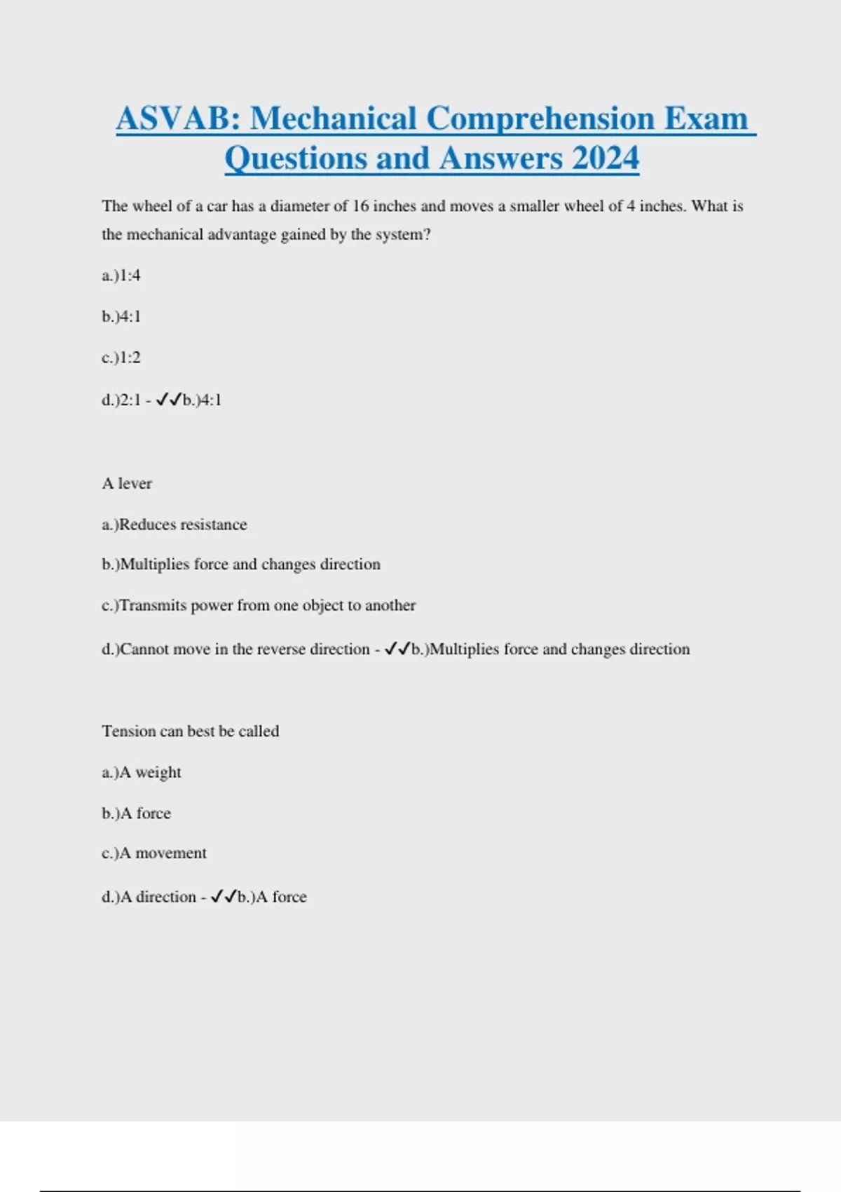 ASVAB Mechanical Comprehension Exam Questions and Answers 2024 ASVAB