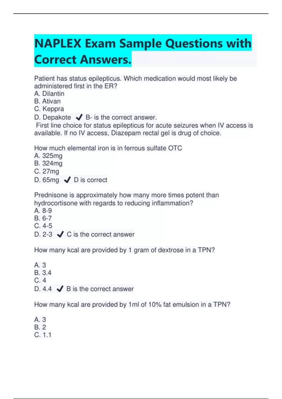 Naplex Questions Types NAPLEX Exam Sample Questions with Correct Answers | Latest 2024/2025 ...