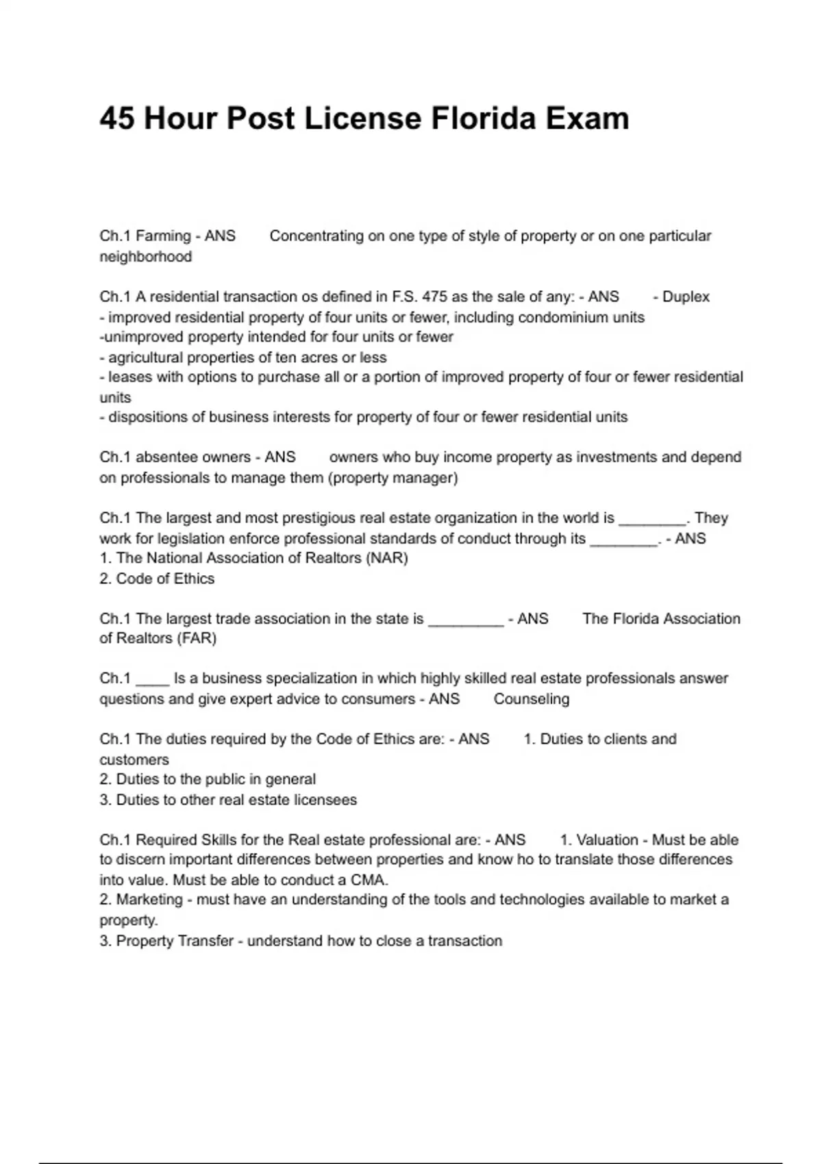 45 Hour Post License Florida Exam Questions And Answers 45 Hour Post