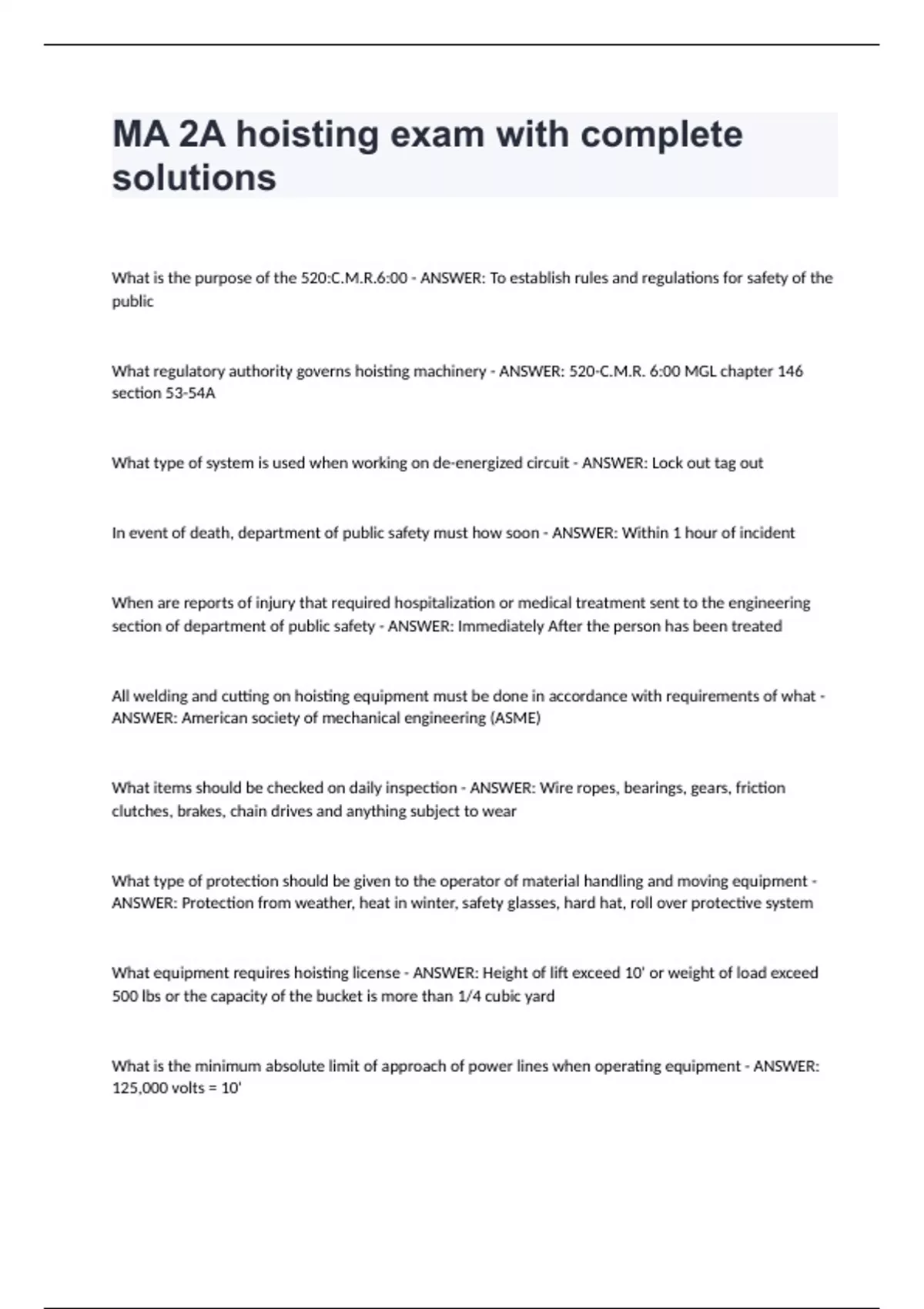 MA 2A hoisting exam with complete solutions Hoisting Stuvia US