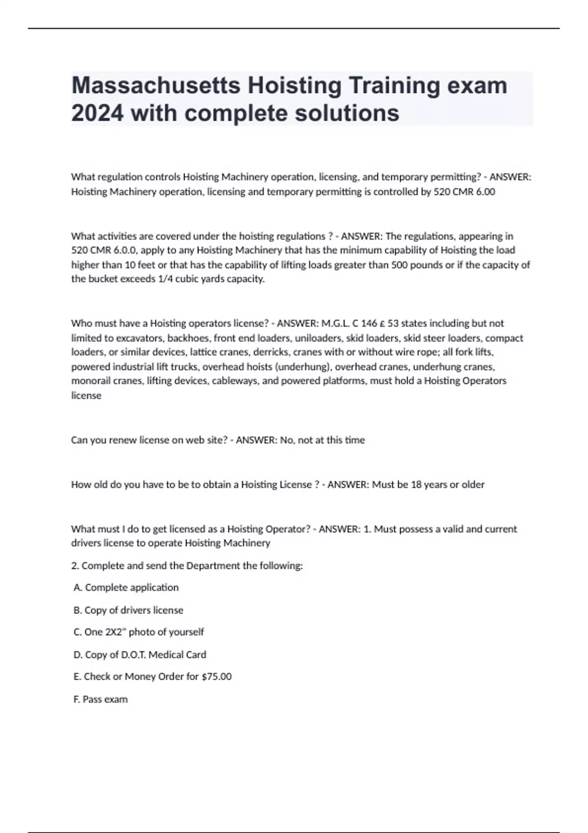 Massachusetts Hoisting Training exam 2024 with complete solutions