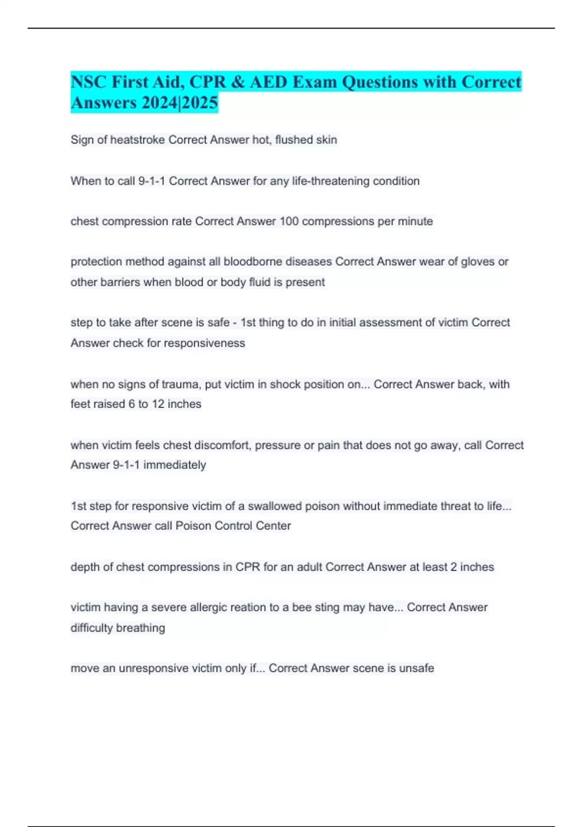 NSC First Aid, CPR & AED Exam Questions with Correct Answers 2024|2025 ...