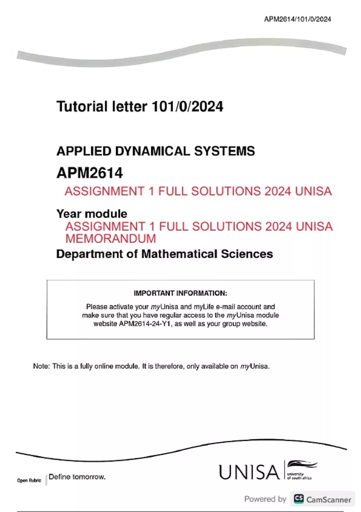 APM2614 Assignment 1 FULL SOLUTIONS 2024 UNISA APPLIED DYNAMICAL ...