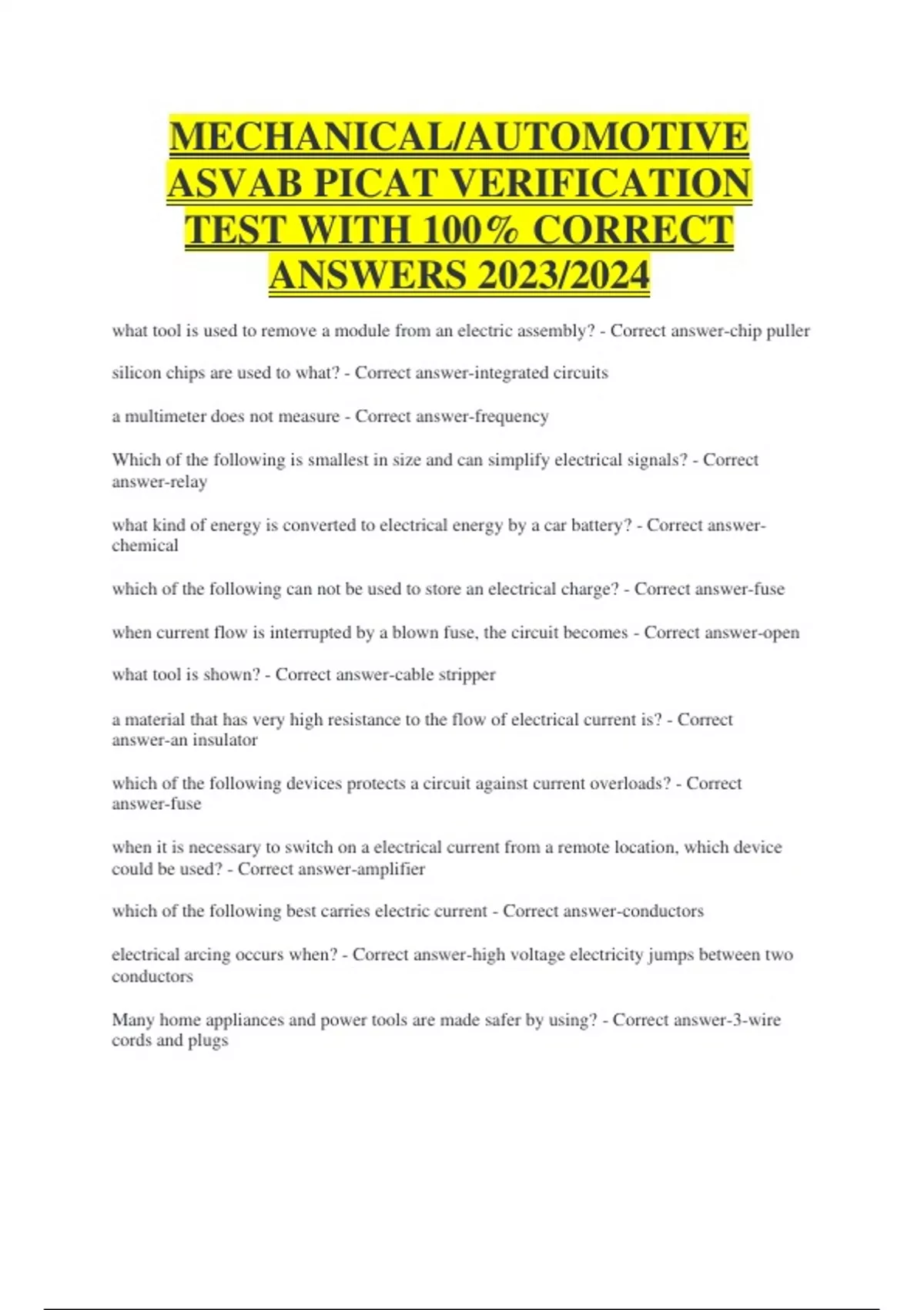 MECHANICAL/AUTOMOTIVE ASVAB PICAT VERIFICATION TEST WITH 100 CORRECT