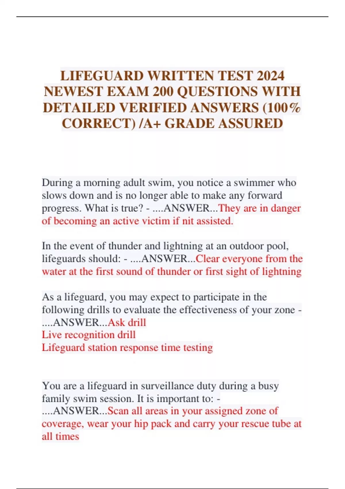 LIFEGUARD WRITTEN TEST 2024 NEWEST EXAM 200 QUESTIONS WITH DETAILED