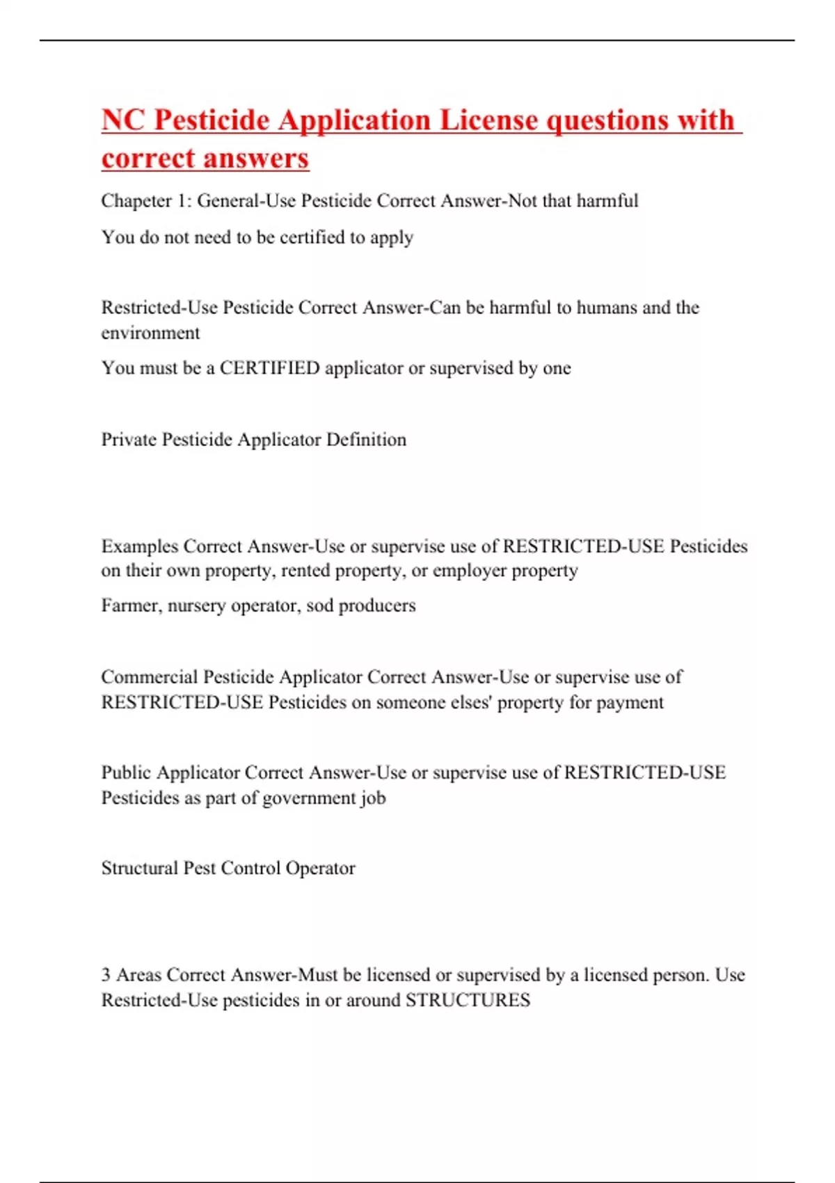 NC Pesticide Application License questions with correct answers100