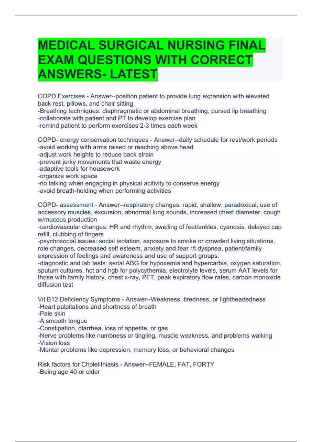 MEDICAL SURGICAL NURSING FINAL EXAM QUESTIONS WITH CORRECT ANSWERS ...