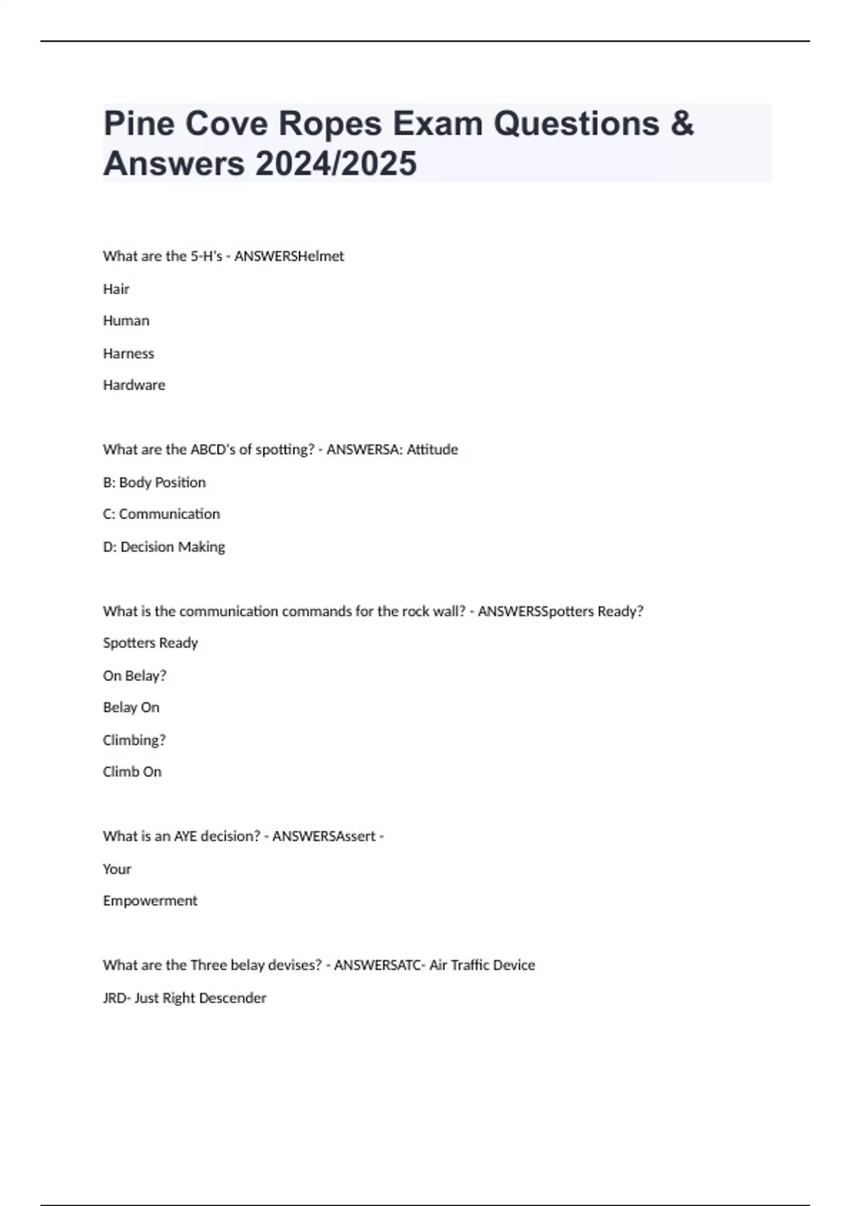 Pine Cove Ropes Exam Questions & Answers 2024/2025 Pine Cove Ropes